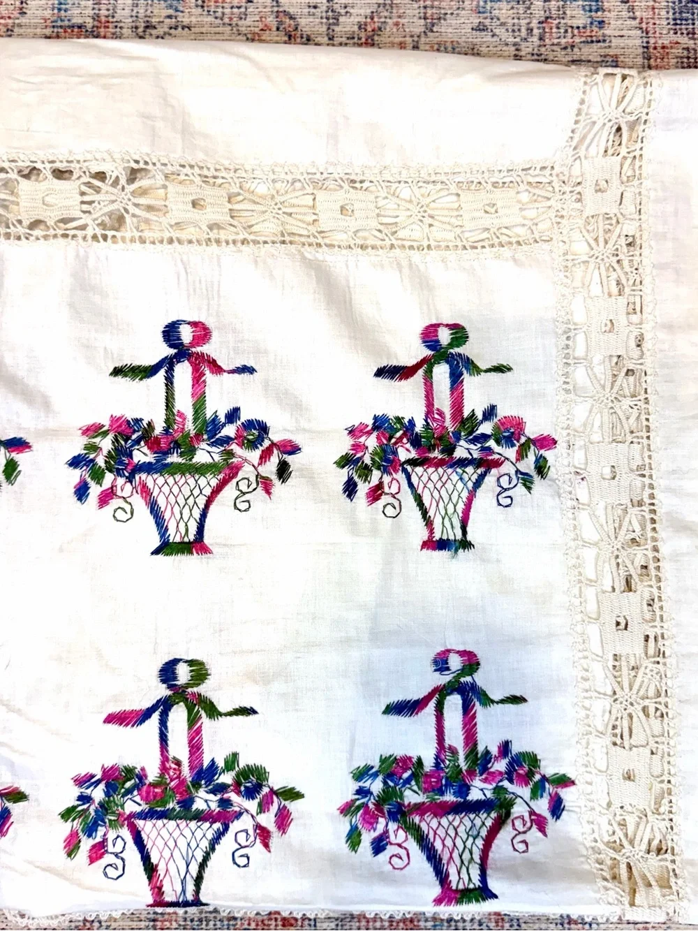 Vintage Wedding Basket Handmade Embroidered Linen Lace Tablecloth 72x77